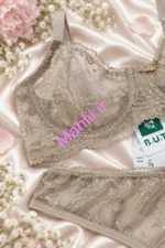ست شورت و سوتین تورگاز فنردار طرح گل شکوفه موکا