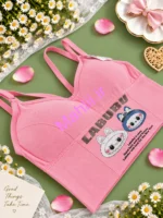 نیم تنه دخترانه کراپدار طرح لبوبو رنگ صورتی