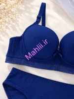 ست شورت و سوتین اسفنجی فنردار پارچه سوزنی طبی طرح زیگزال رنگ سرمه ای