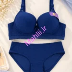 ست شورت و سوتین اسفنجی فنردار پارچه سوزنی طبی طرح زیگزال رنگ سرمه ای