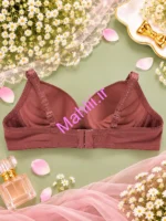 سوتین اسفنجی فنردار پایین گیپور طرح گل رنگ آجری